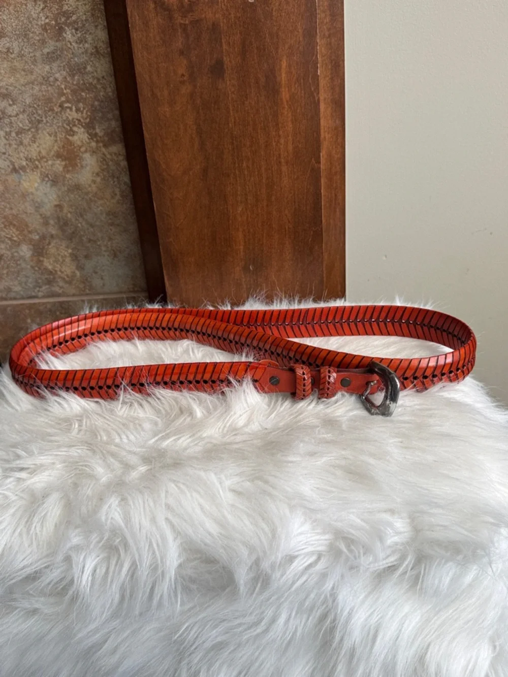 Burnt orange brown fishtail herringbone leather belt Mexican brass buckle 56